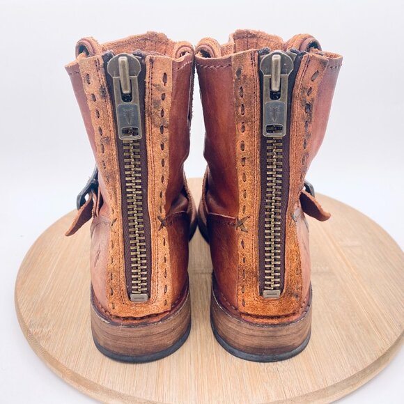 Frye Boots Womens 7.5 Tan Leather Back Zip Vicky Ankle Engineer Moto Biker - Picture 9 of 13